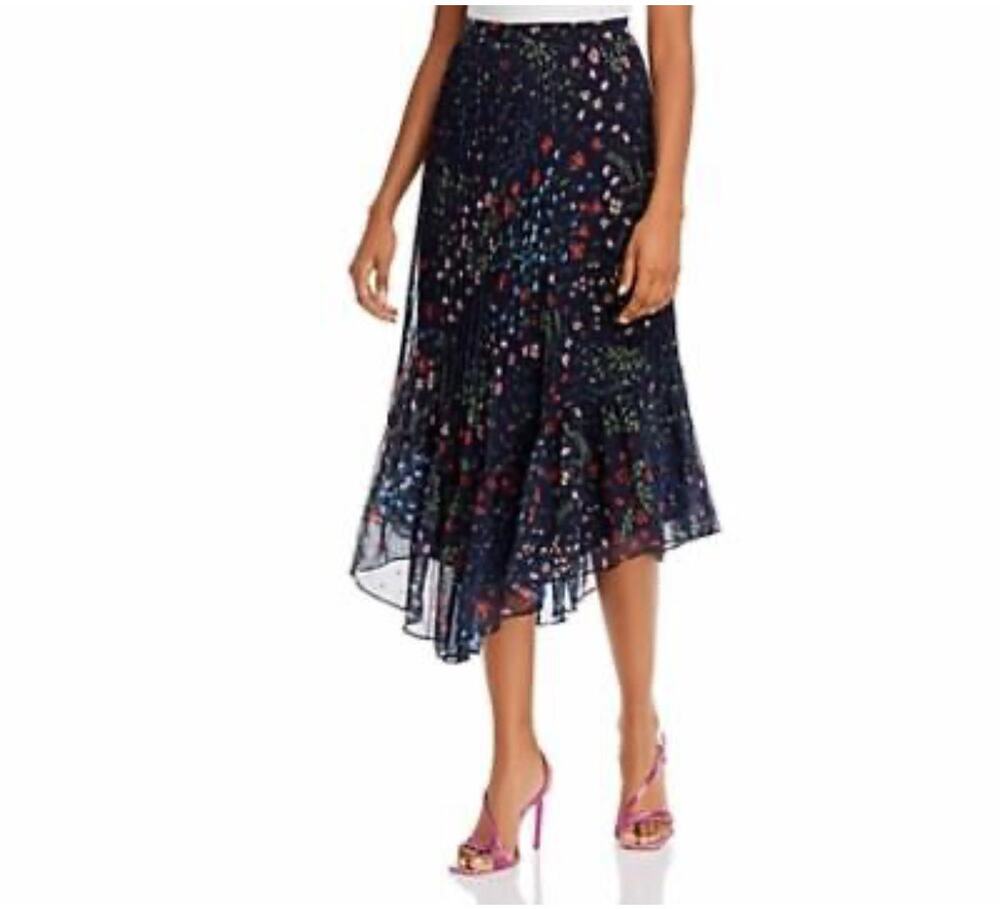 Joie Noora Midnight Navy Floral Print Pleated Asymmetric Midi Skirt Size 2